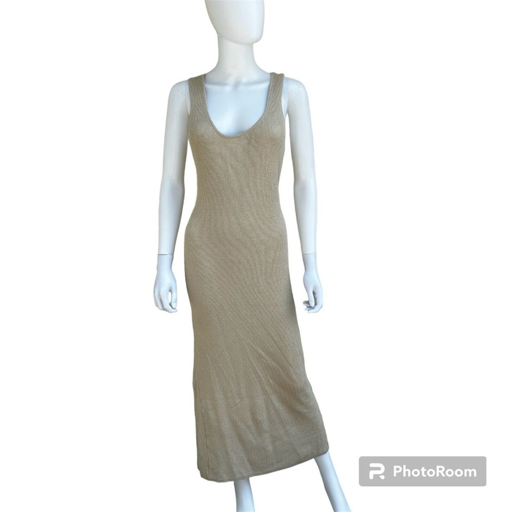 House of Harlow 1960 Bodycon Knit Ribbed Midi Maxi Tank Dress Cream Sleeveless L